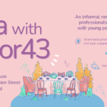 graphic promoting the tea with door 43 event, featuring an illustration of a tea party setting